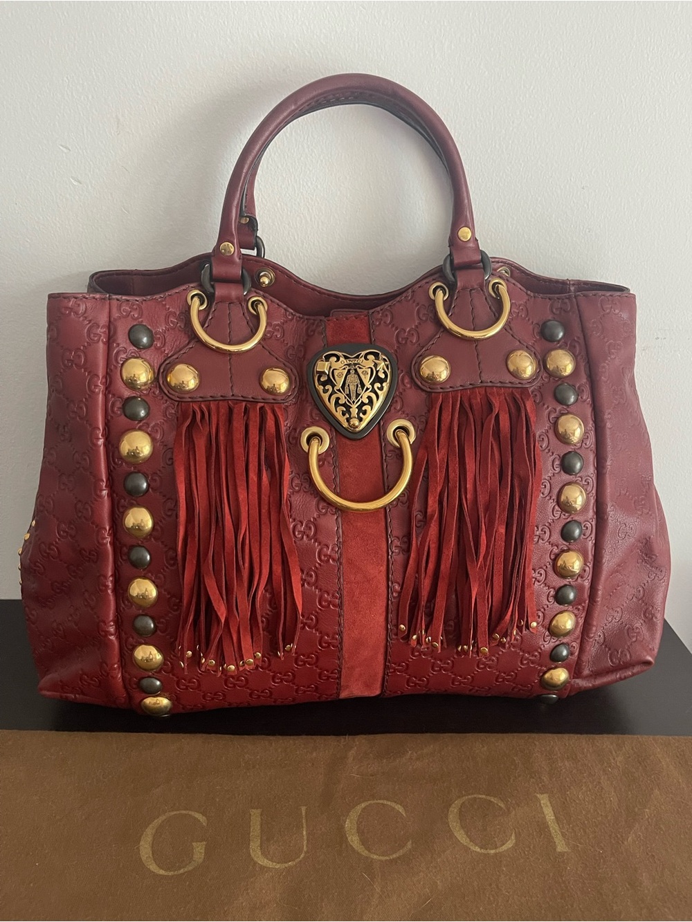 RARE Gucci Babouska Hysteria Large Fringe Studded Monogram Embossed Tote Bag